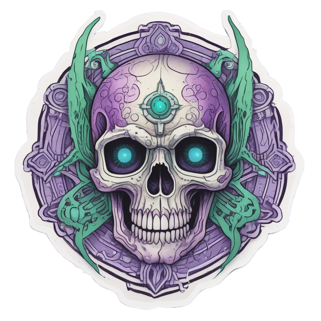 Green watercolor star skull with three eyes and purple antennae on white