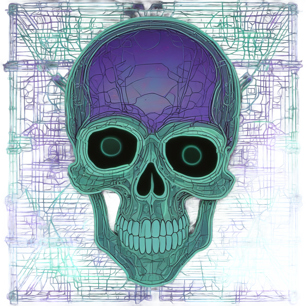 Holographic skull with neon green and purple barbed wire bioluminescent tubes