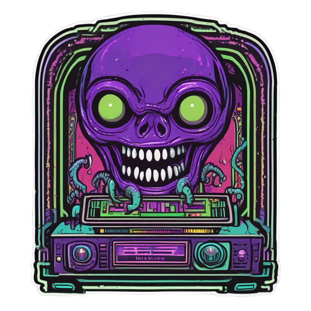 Alien monster with tentacles cranking a jukebox in neon purple and green lineart
