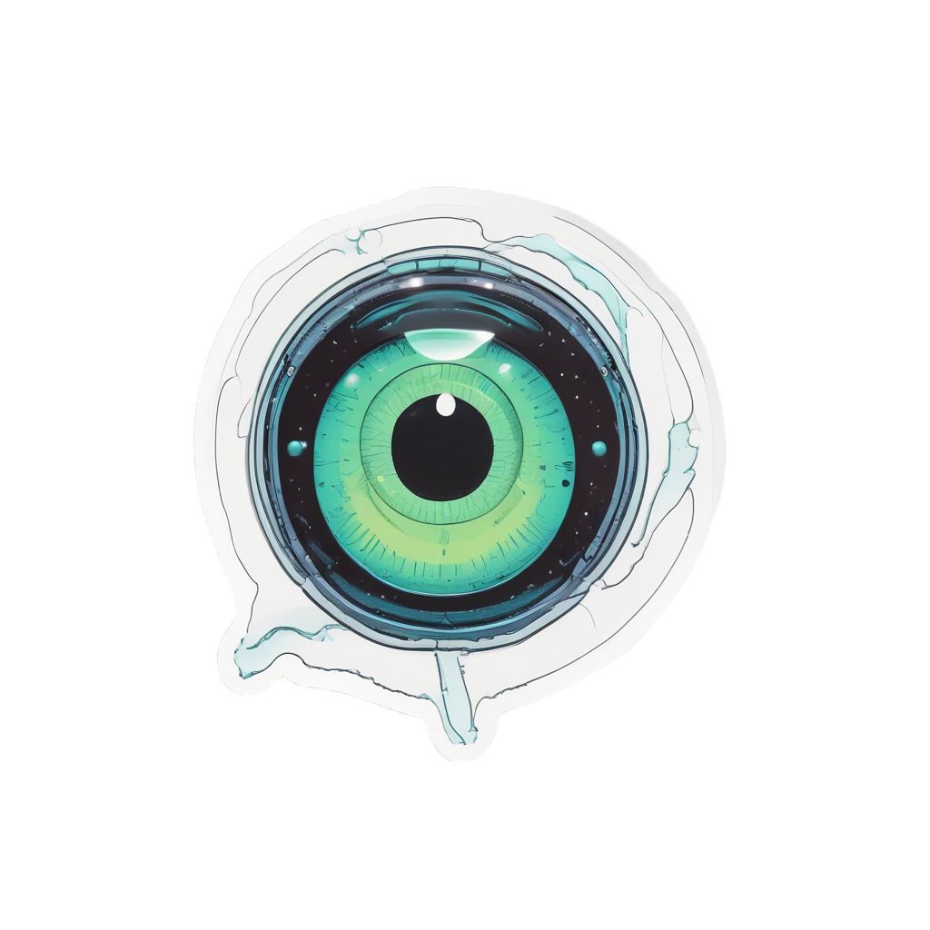 A neon alien eyeball with antennae hovers on white.