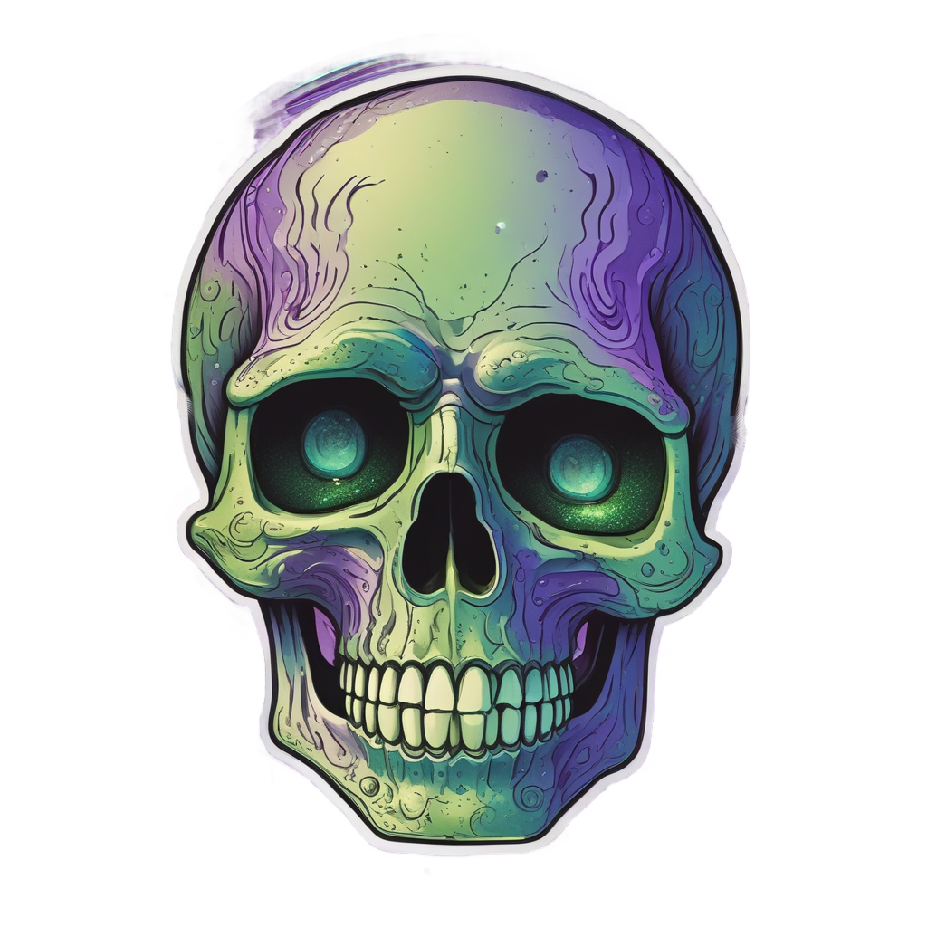 A holographic duotone skull with a glowing third eye showing a galaxy