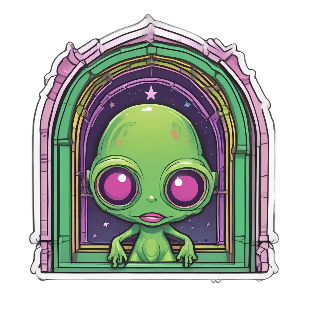 Kawaii alien with three eyes in gothic arch window