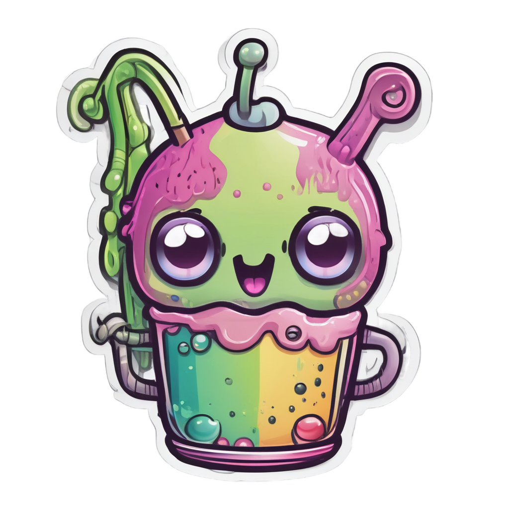 A kawaii alien with three eyes drinking bubble tea through a straw.