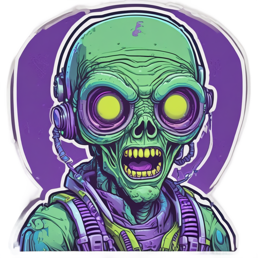 A zombie alien hybrid with neon green antenna and a ray gun on a white background.