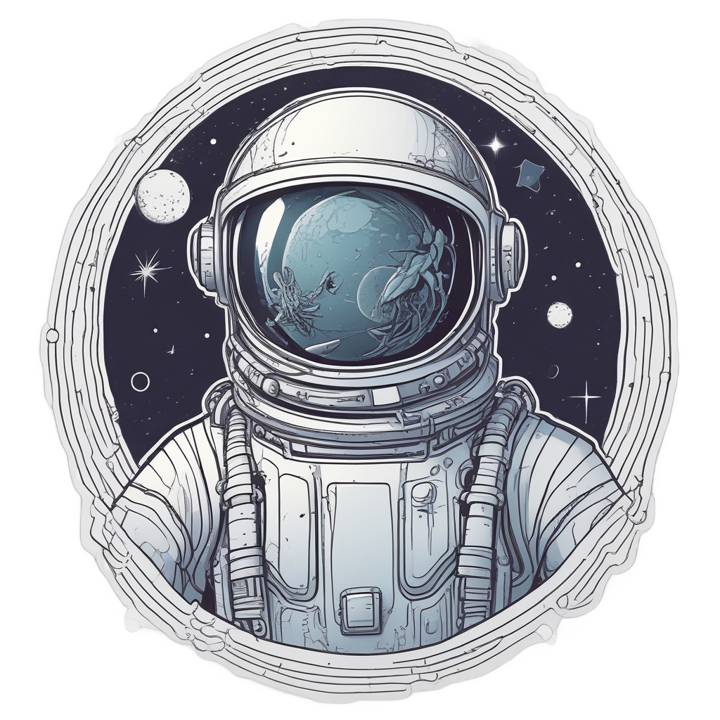 Aloe plant astronaut floating in space with stars, lineart style.
