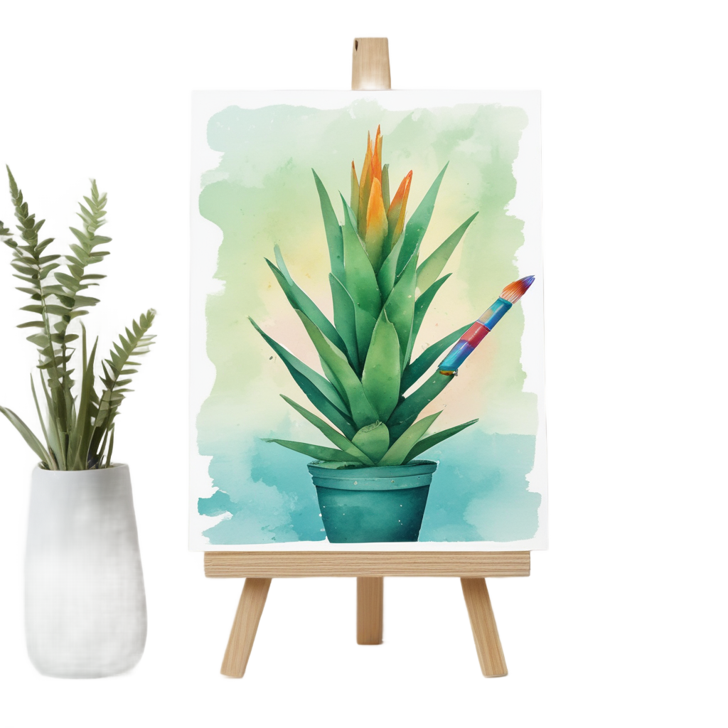 A creative aloe plant painting on a miniature easel.