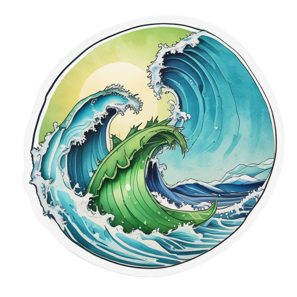 Aloe plant surfing a tall blue wave on a surfboard in watercolor illustration