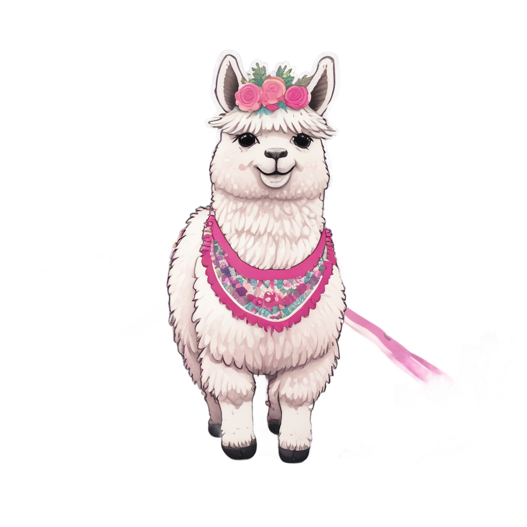 Kawaii alpaca in a flower crown walking on a decorated winding road