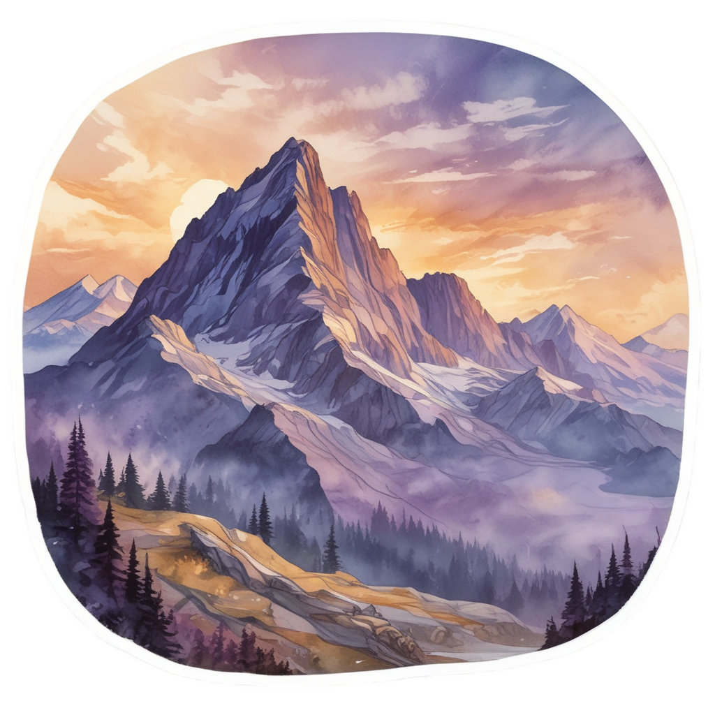 Watercolor mountain crest at dawn with mist and sunlight.