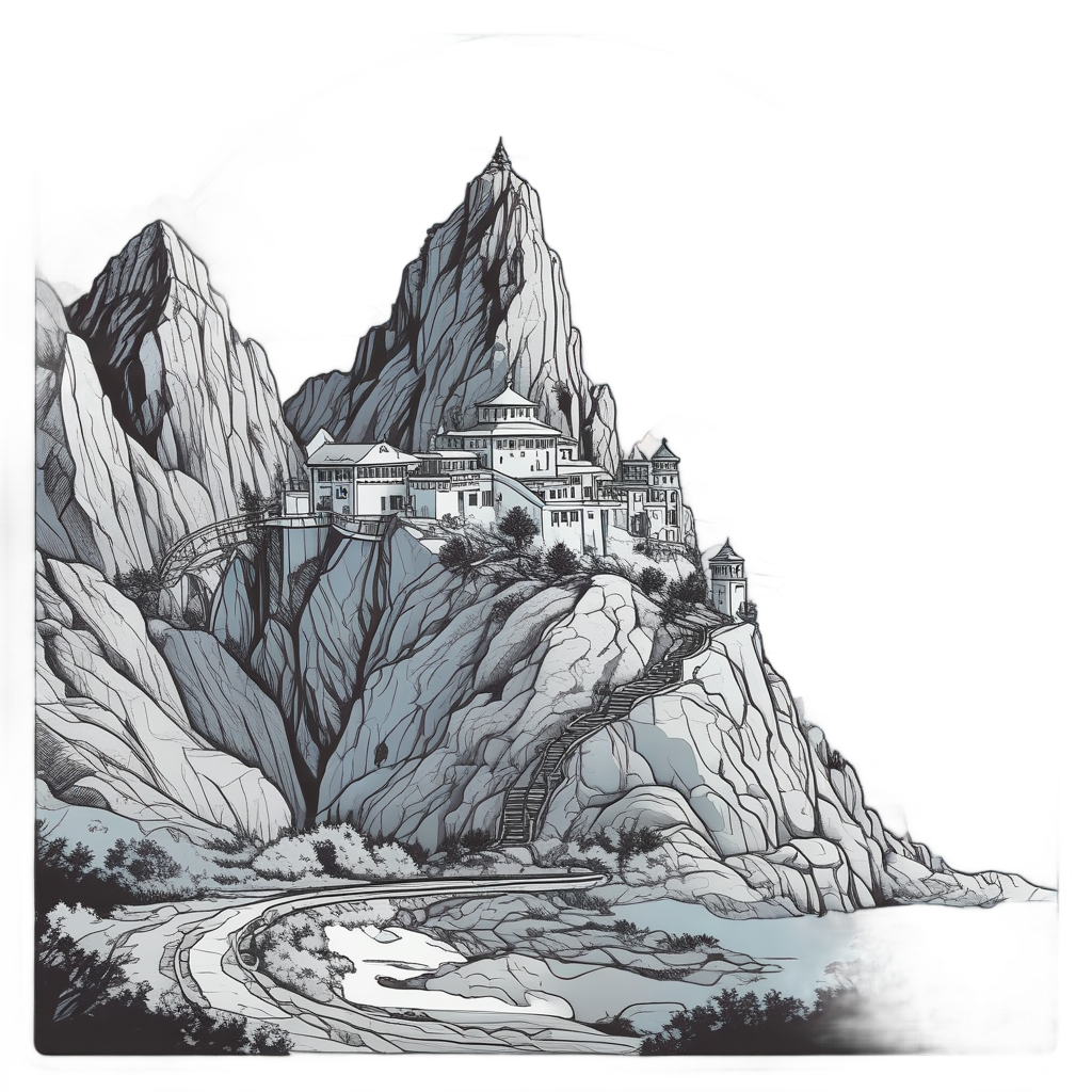 Lineart of a winding mountain road leading to a small monastery on a cliff.