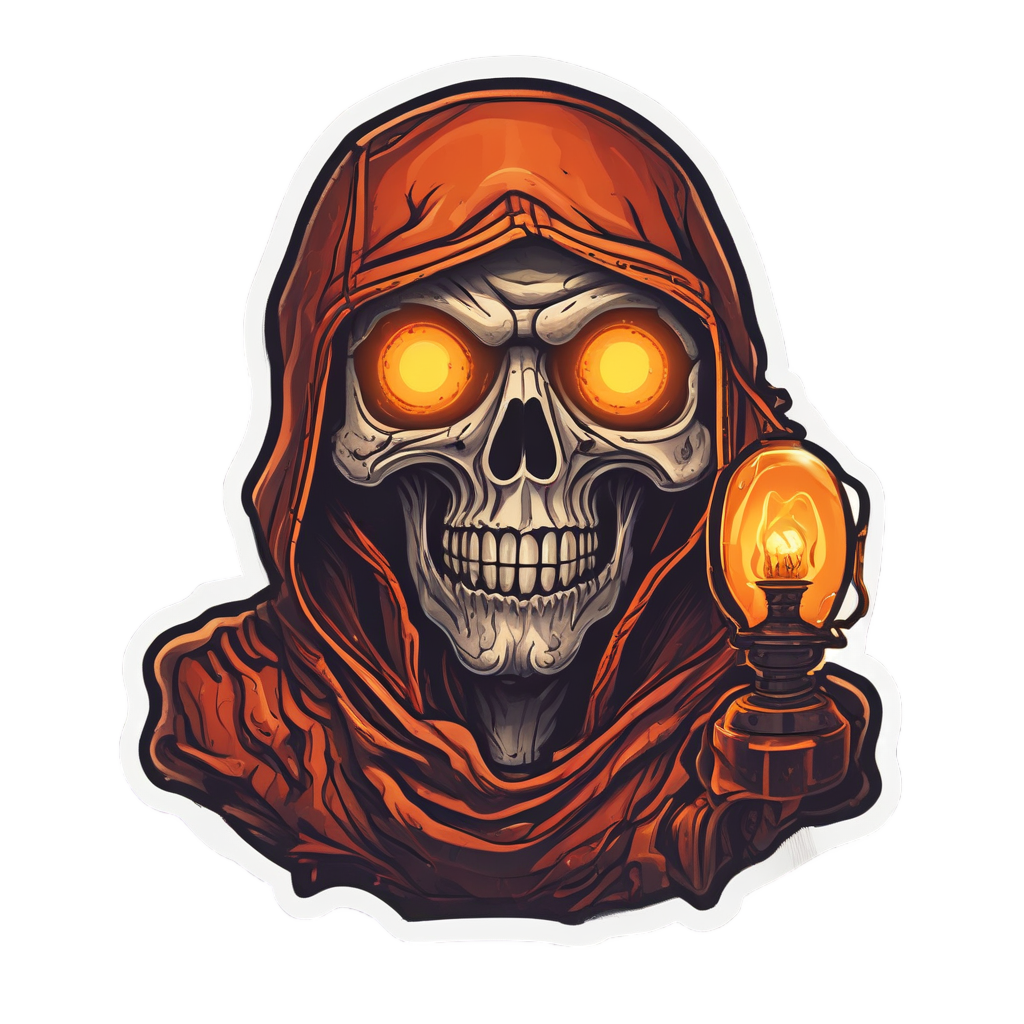 Neon skull reaper grimacing with amber lantern light