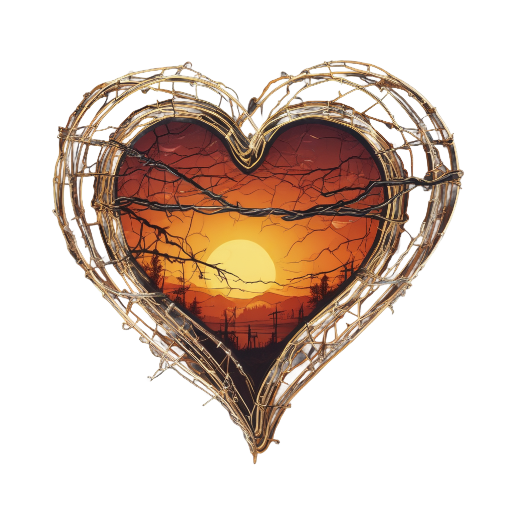 Amber cracked barbed-wire heart glowing on a dark blue background
