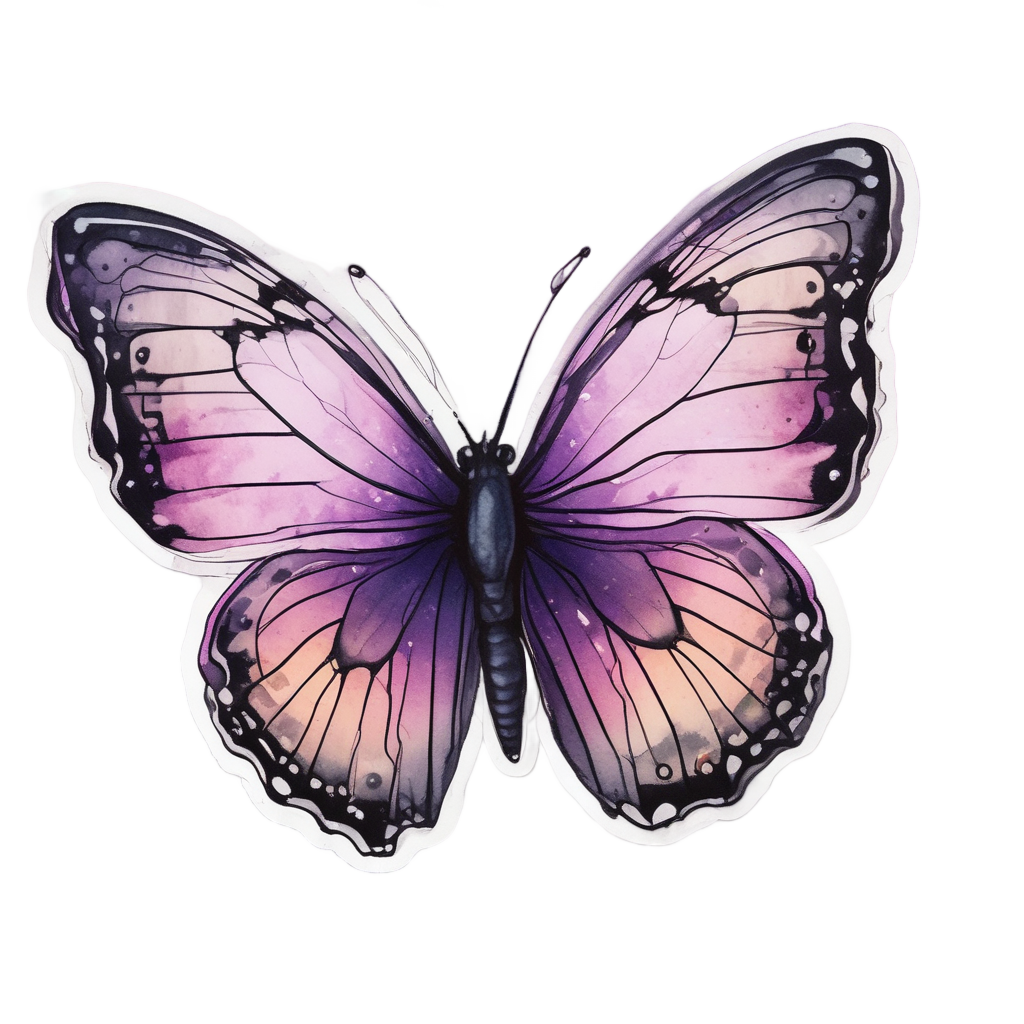 Amethyst butterfly ascending with watercolor wash against white