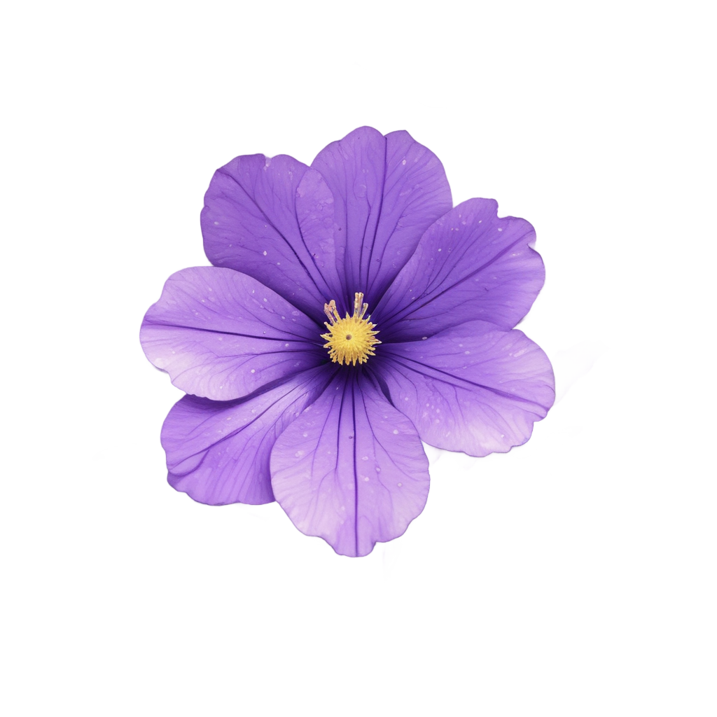 A holographic die-cut sticker of a pressed violet flower in a hexagonal frame with purple shimmer