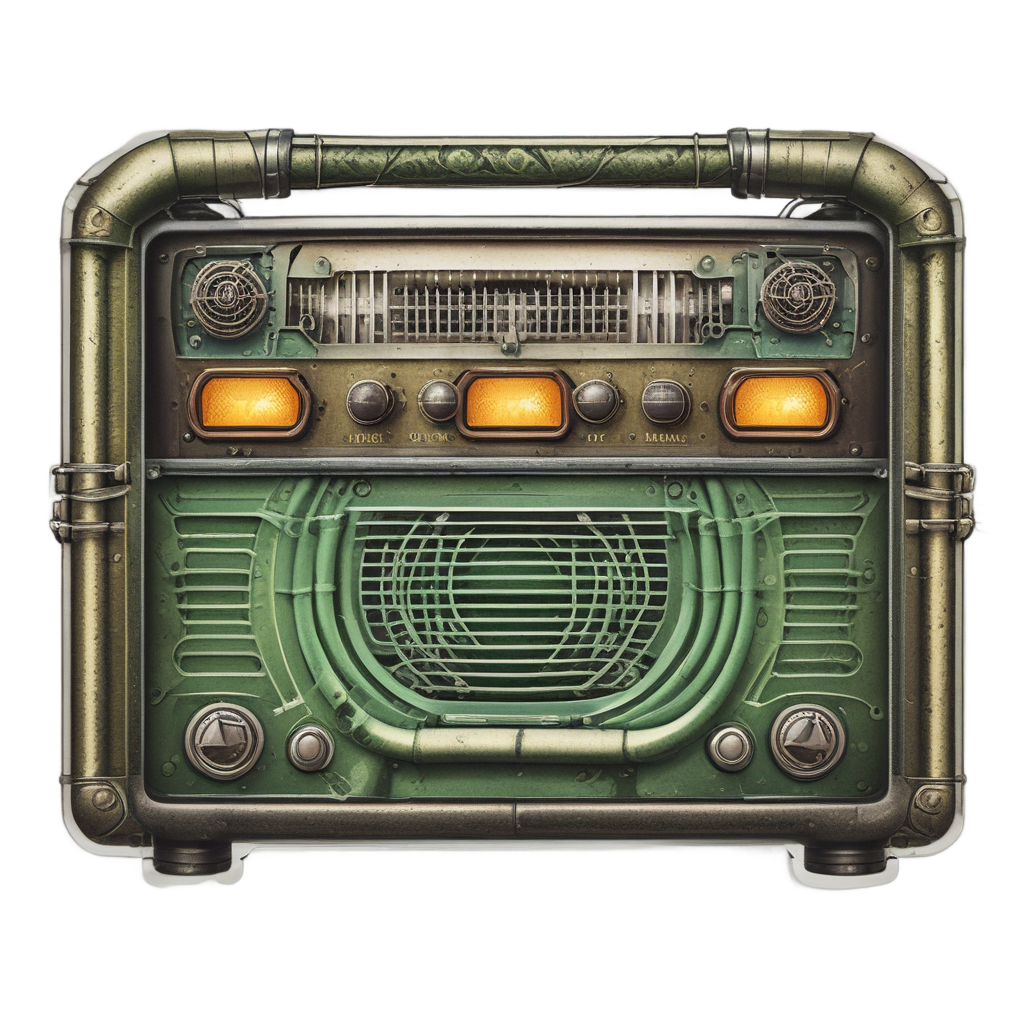 A vintage tube amplifier with barbed wire around its grille glows in electric green watercolor.