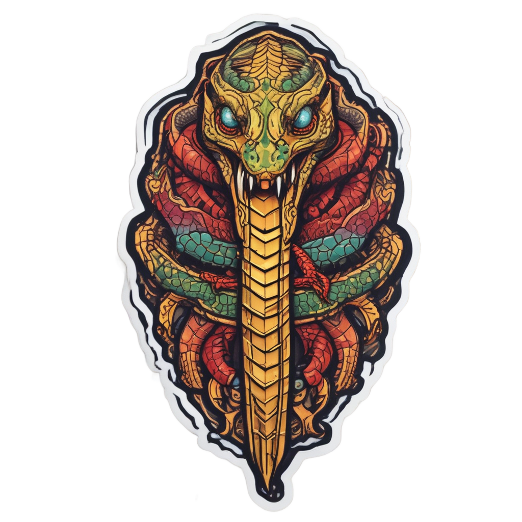 A red and gold anaconda with dragon horns and amber eyes coils around a gilded dragon-themed dagger, on white.