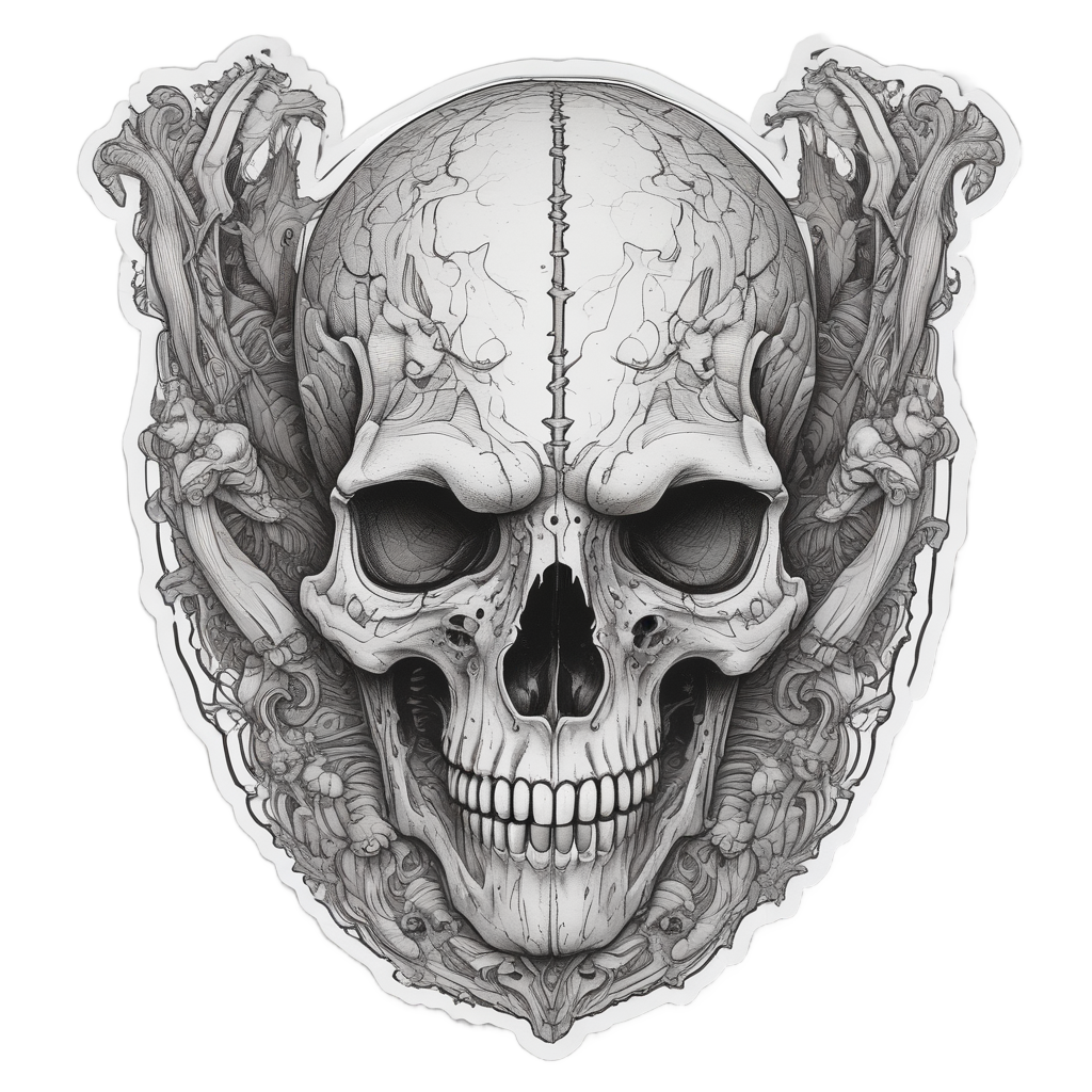 Lineart sticker of a raven skull with exposed spinal and brain details