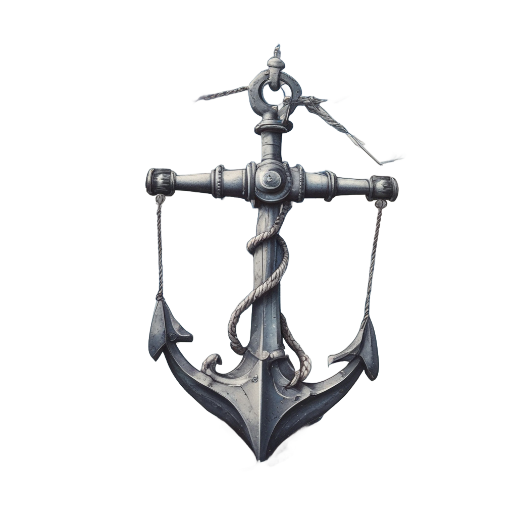 A floating anchor in a stormy sky with lightning and wind-tossed rope.
