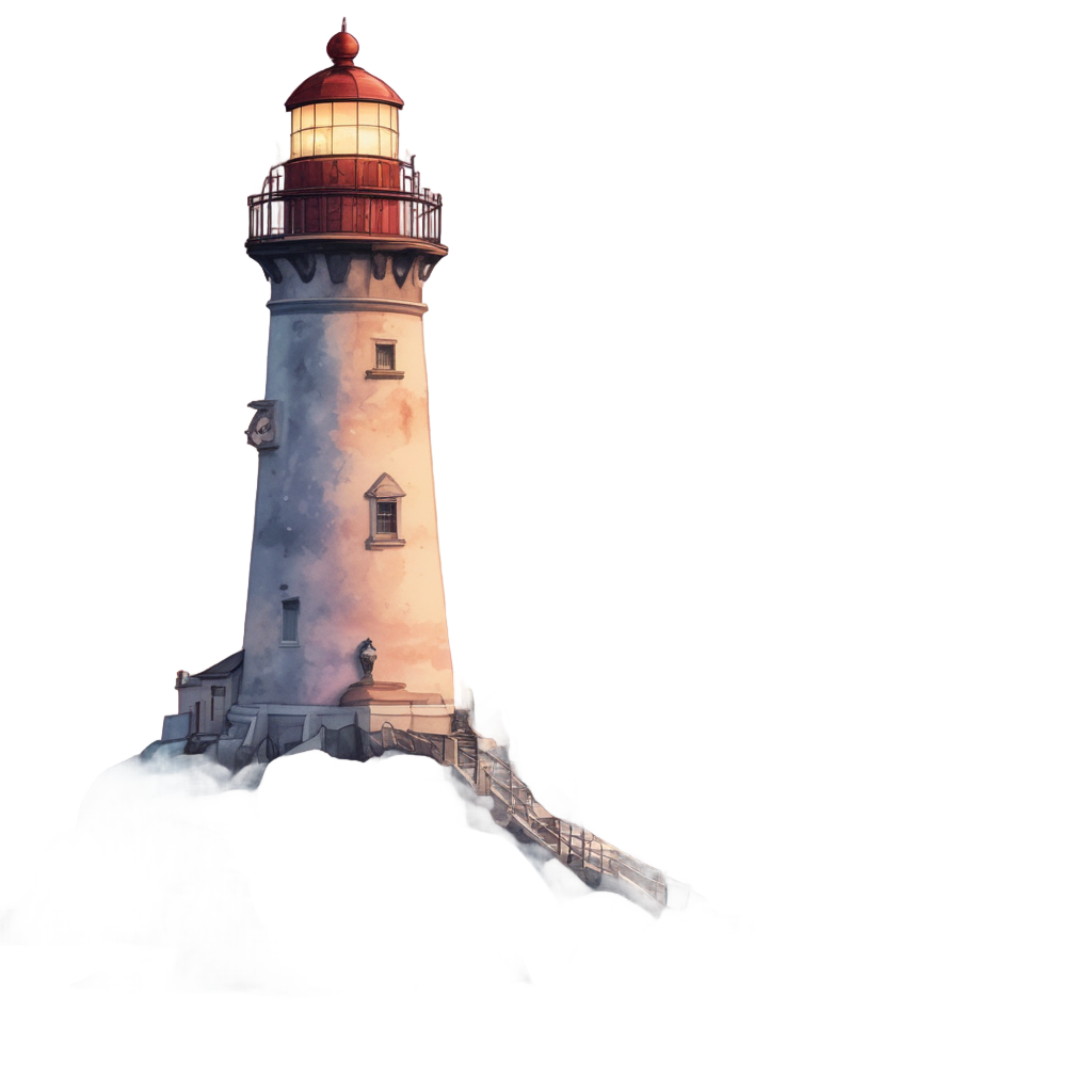A watercolor anchor beside a lighthouse at dawn.