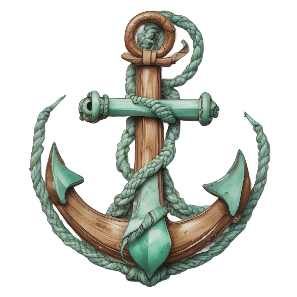 Brown and green watercolor anchor with twisted rope on white background.