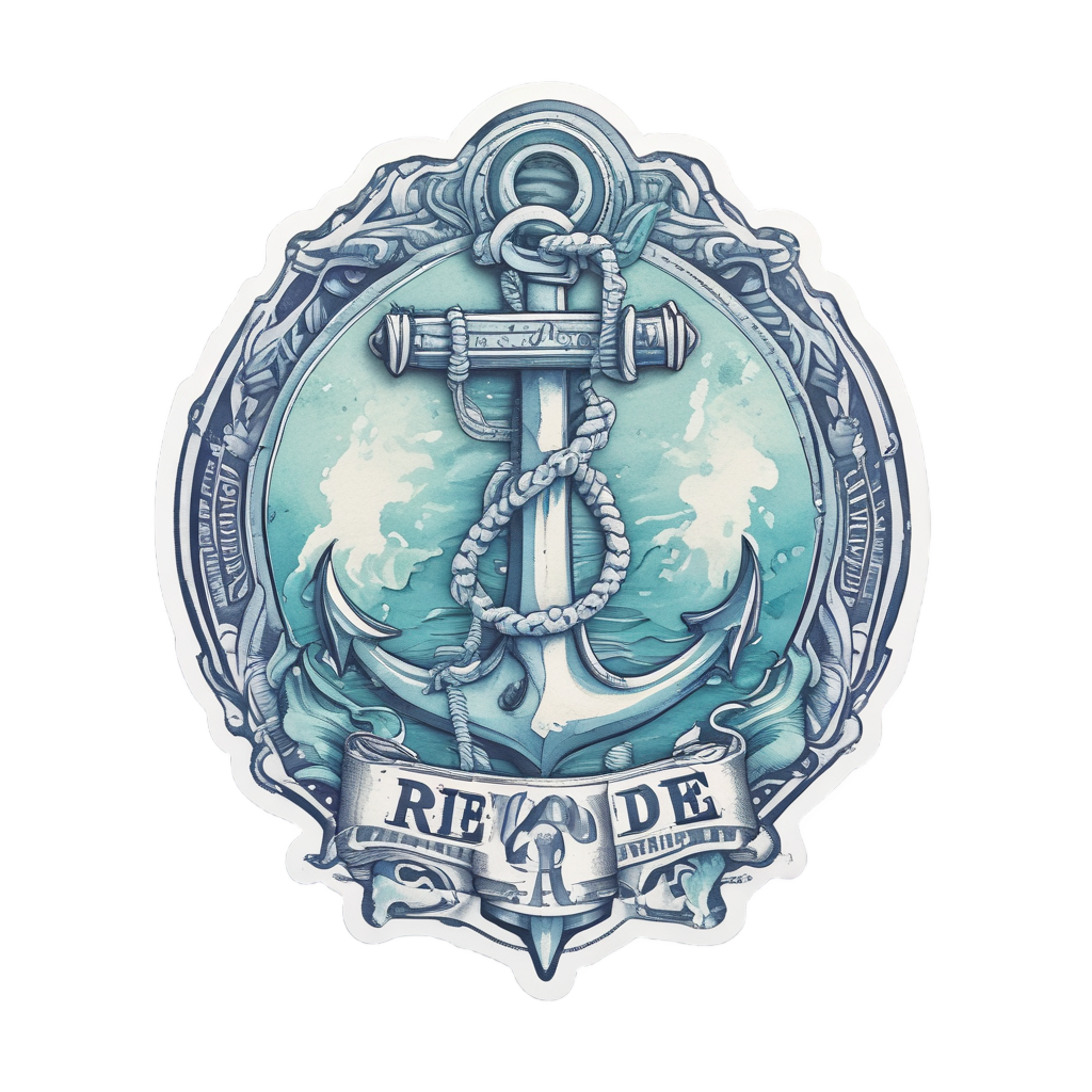 An anchor and rope in ocean waves under a blue 'ride or die' banner.