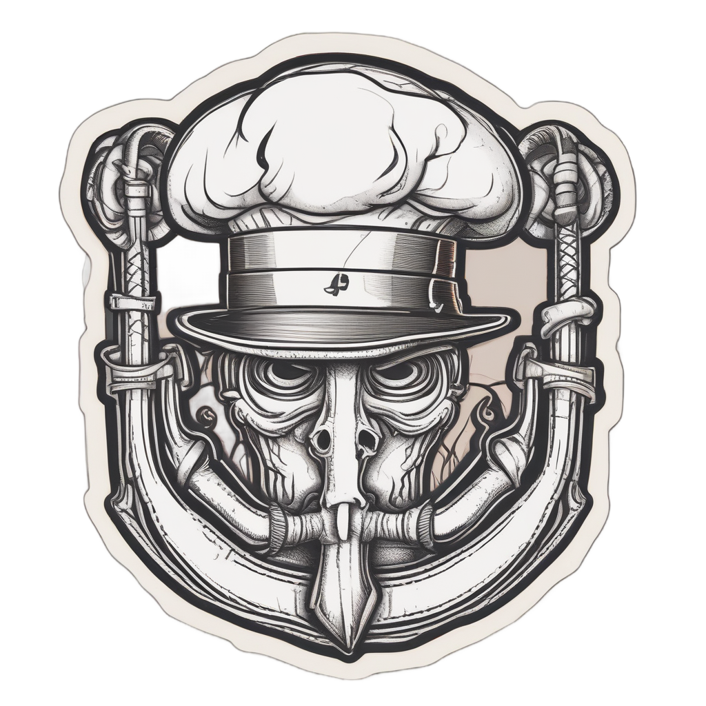 A traditional anchor wearing a chef's hat and holding a whisk, with steam lines, drawn in black lineart with cream and orange accents.