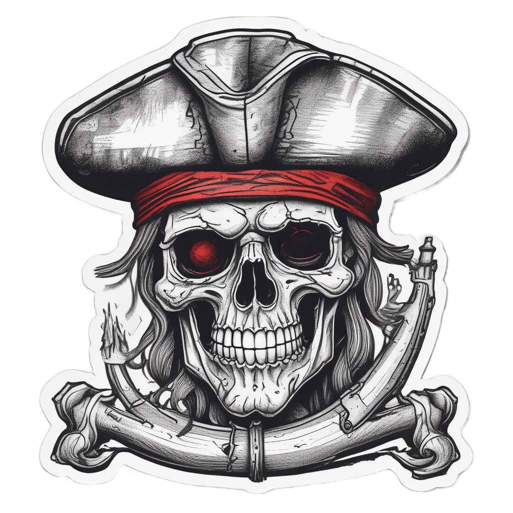 A traditional anchor wearing a tricorn hat and eye patch, holding a tiny cutlass, drawn in black lineart with red and black shading.