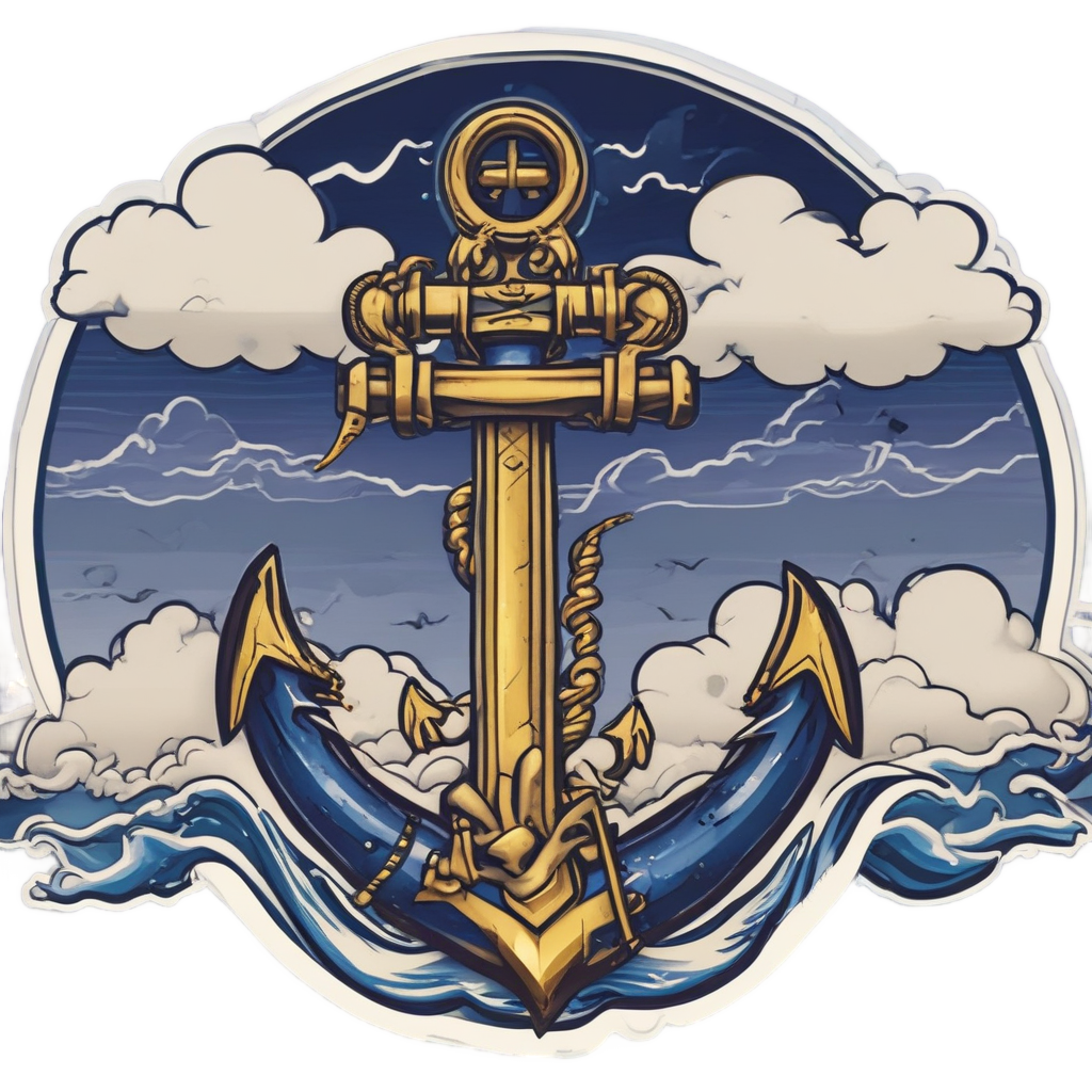 Anchor wrapped in lightning bolt chain with storm clouds in navy and gold traditional tattoo style