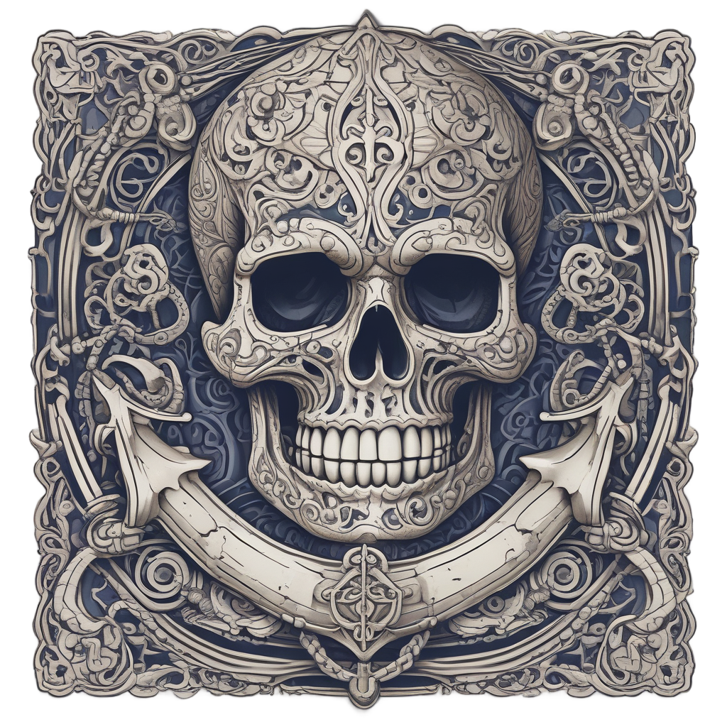 A calavera with an anchor and chain in navy and bronze
