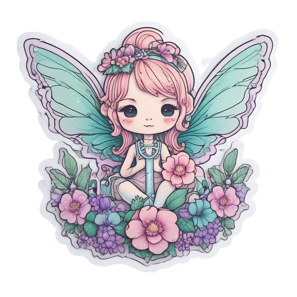 A fairy anchor with translucent wings sitting on a flower holding a wand