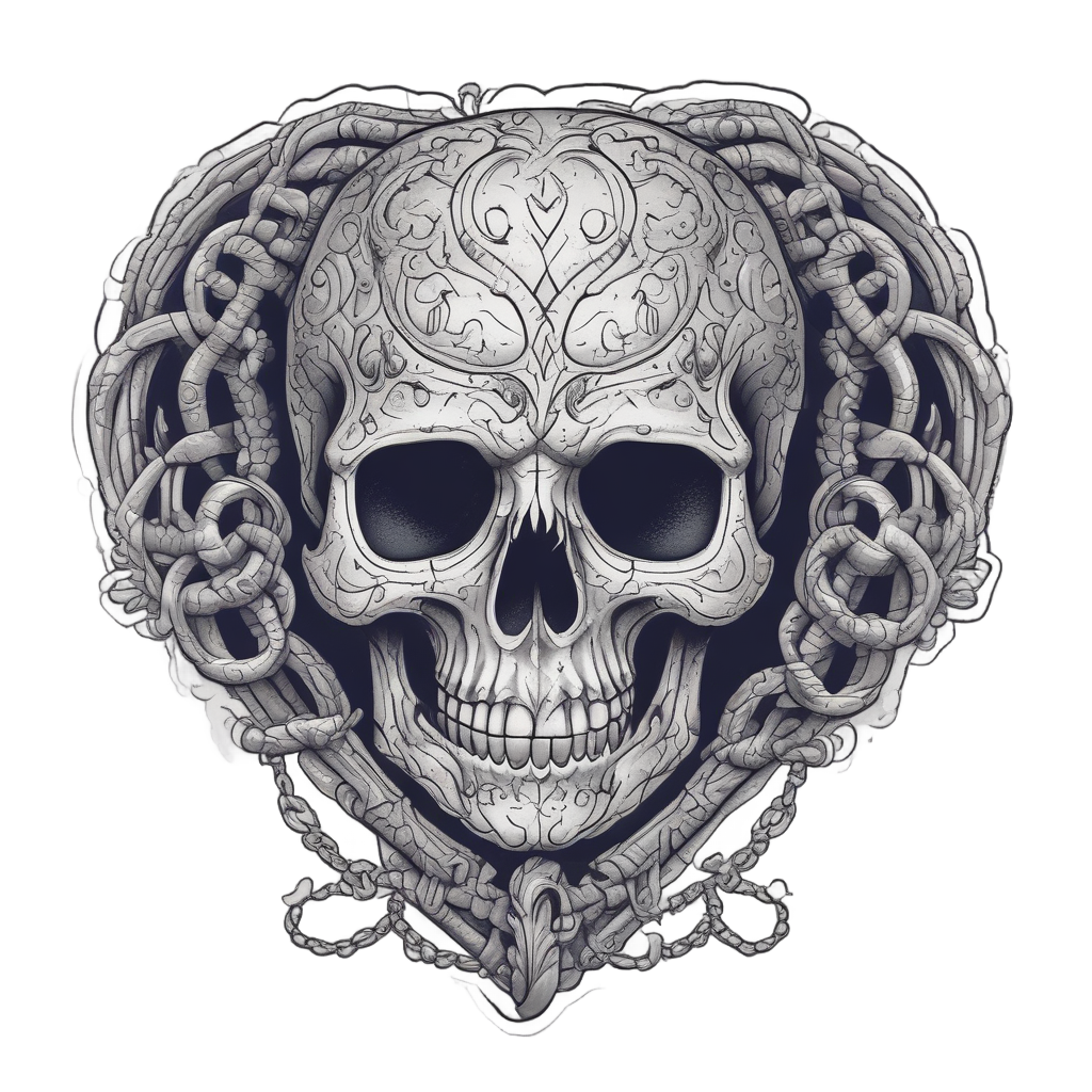 Calavera skull chained inside anchor heart