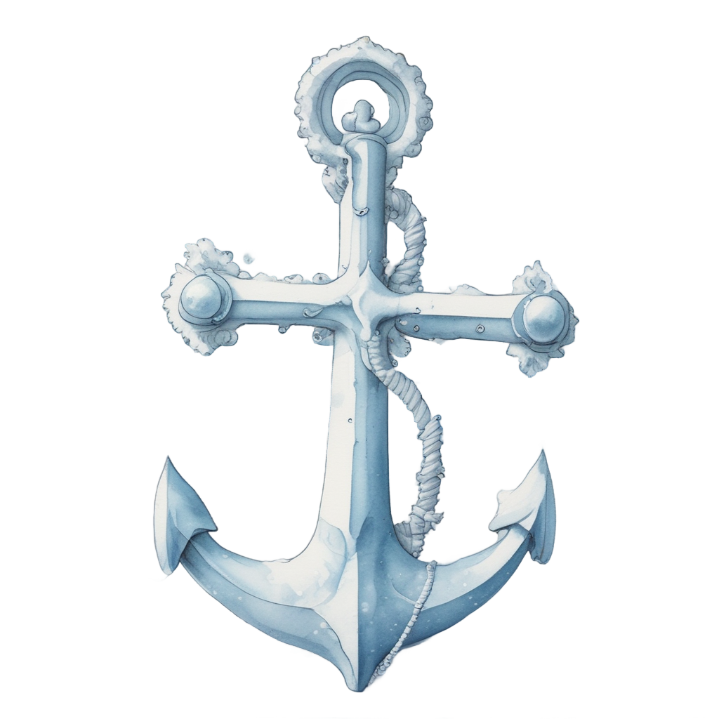 A blue-grey anchor partly buried in white snow with icy watercolor tones