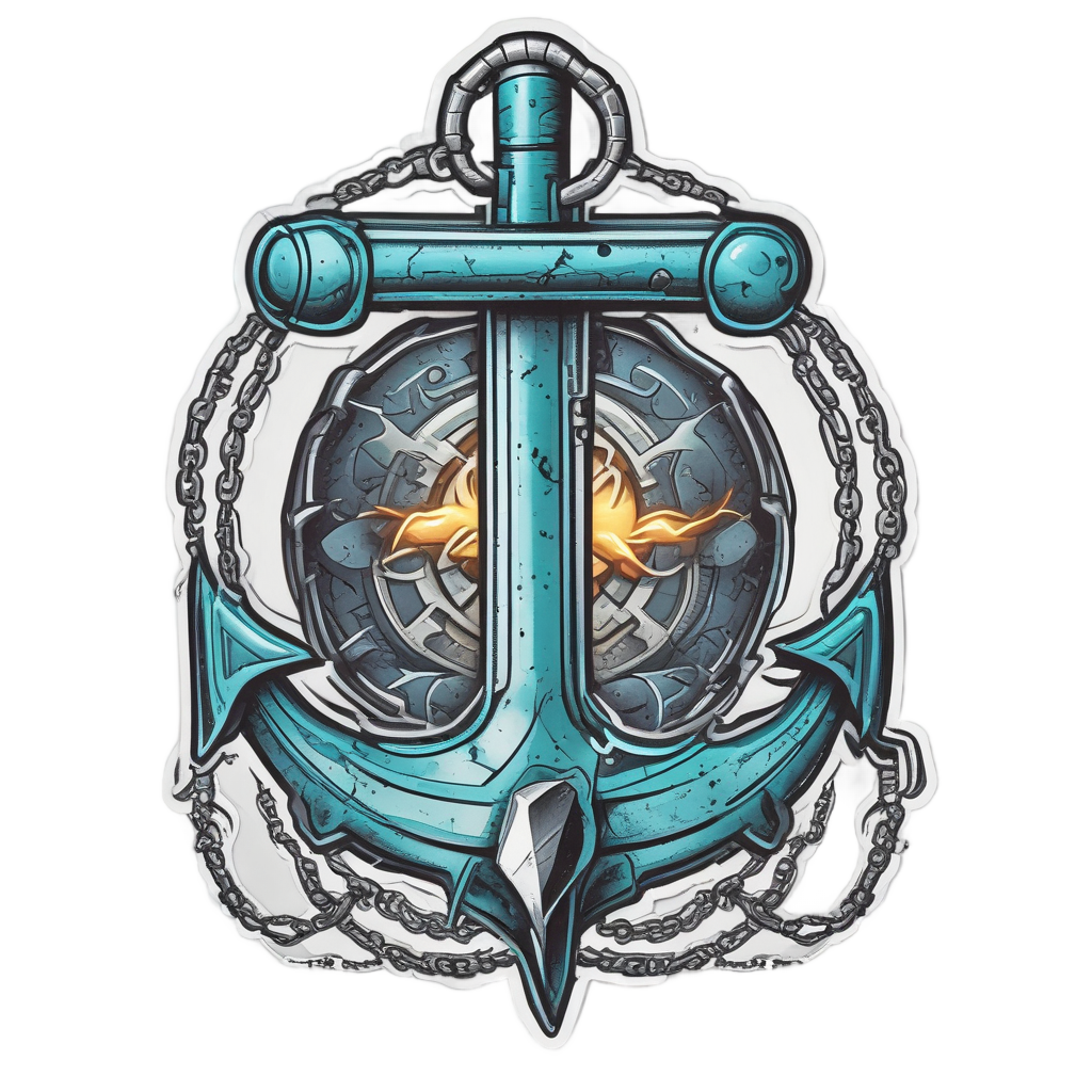 Black anchor with cyan lightning bolt chain, tattoo art