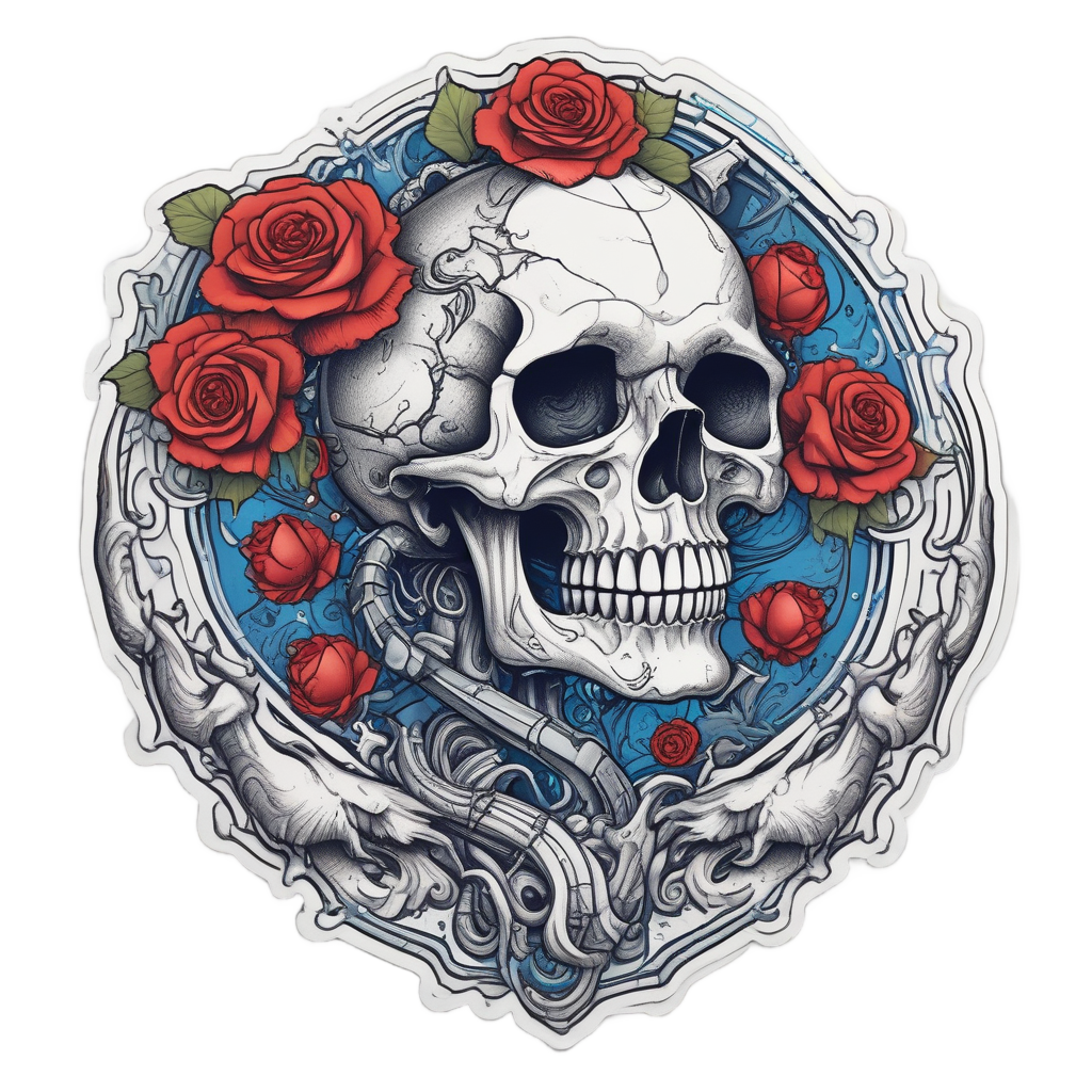 Lineart skull with anchor tattoo and thorned rose underwater, blue and black lines
