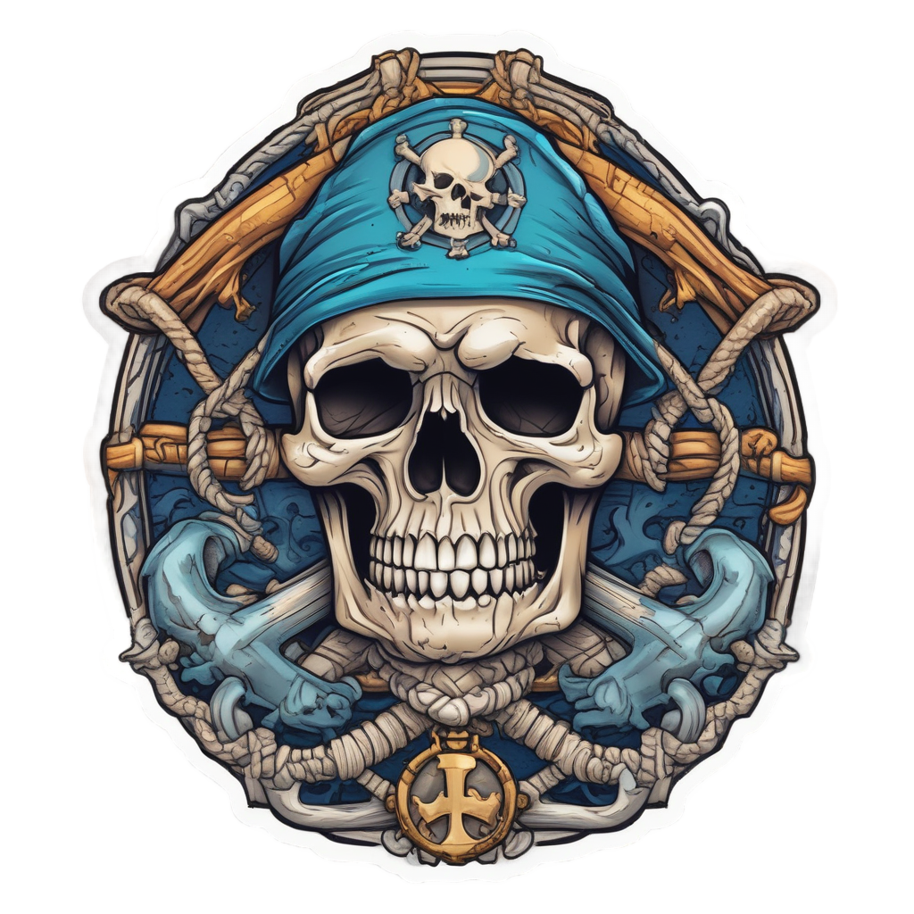 A pirate skull with a large anchor and chained crossbones on a white background