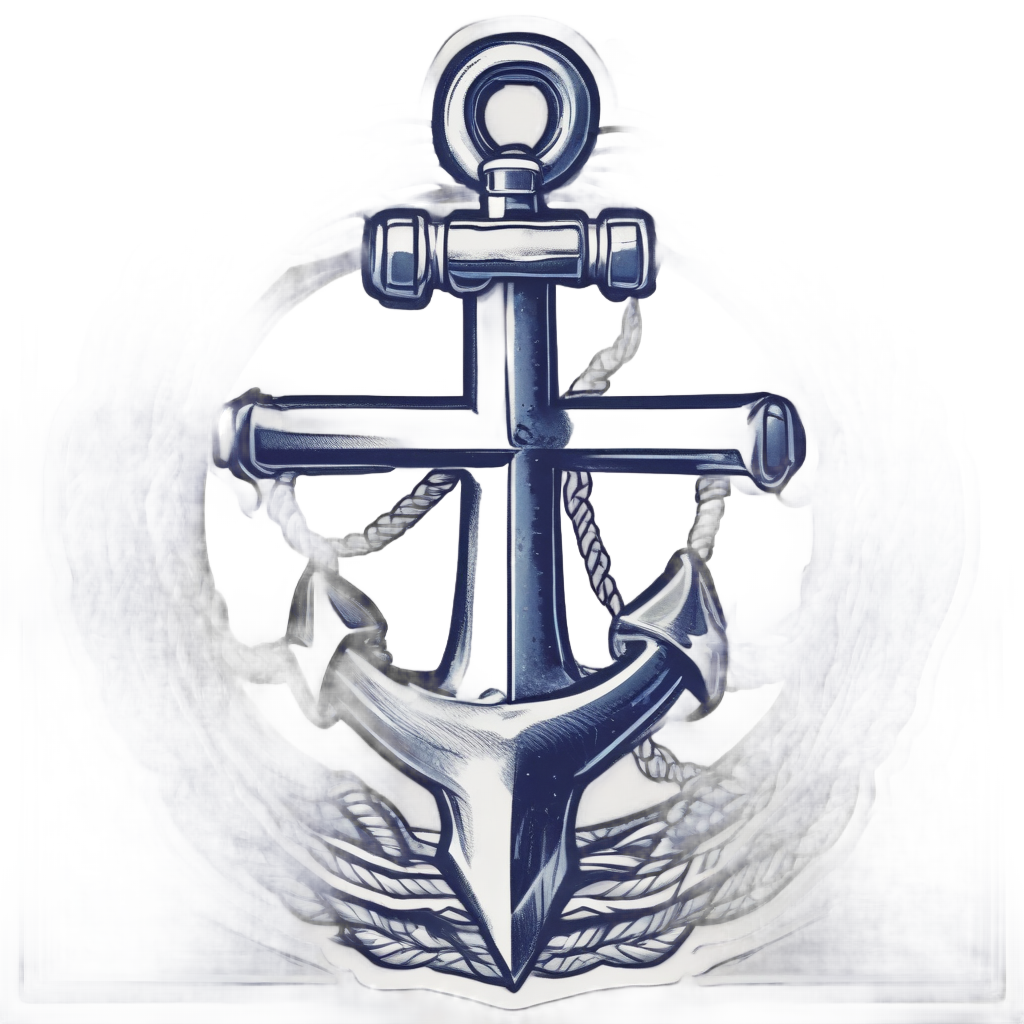 A navy anchor is hit by a lightning bolt with frayed ropes in tattoo style.