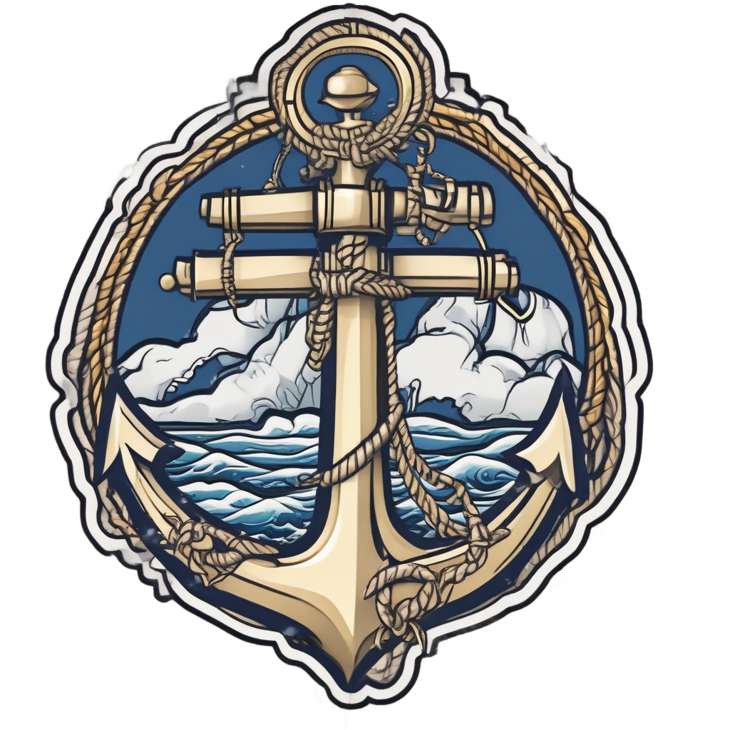 A die-cut sticker of a tattoo-style anchor with bolt-shaped rope on white background