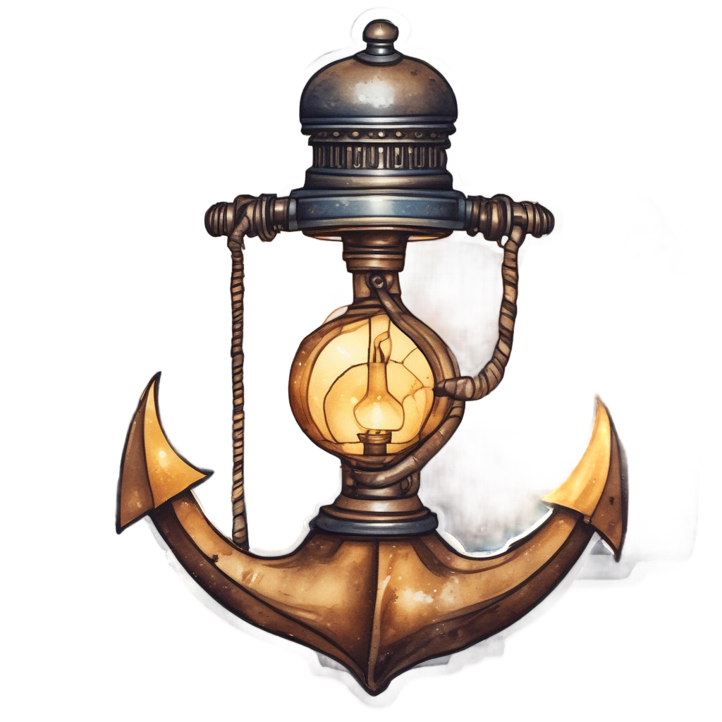 A dark anchor with a bright yellow lantern hanging from its ring.