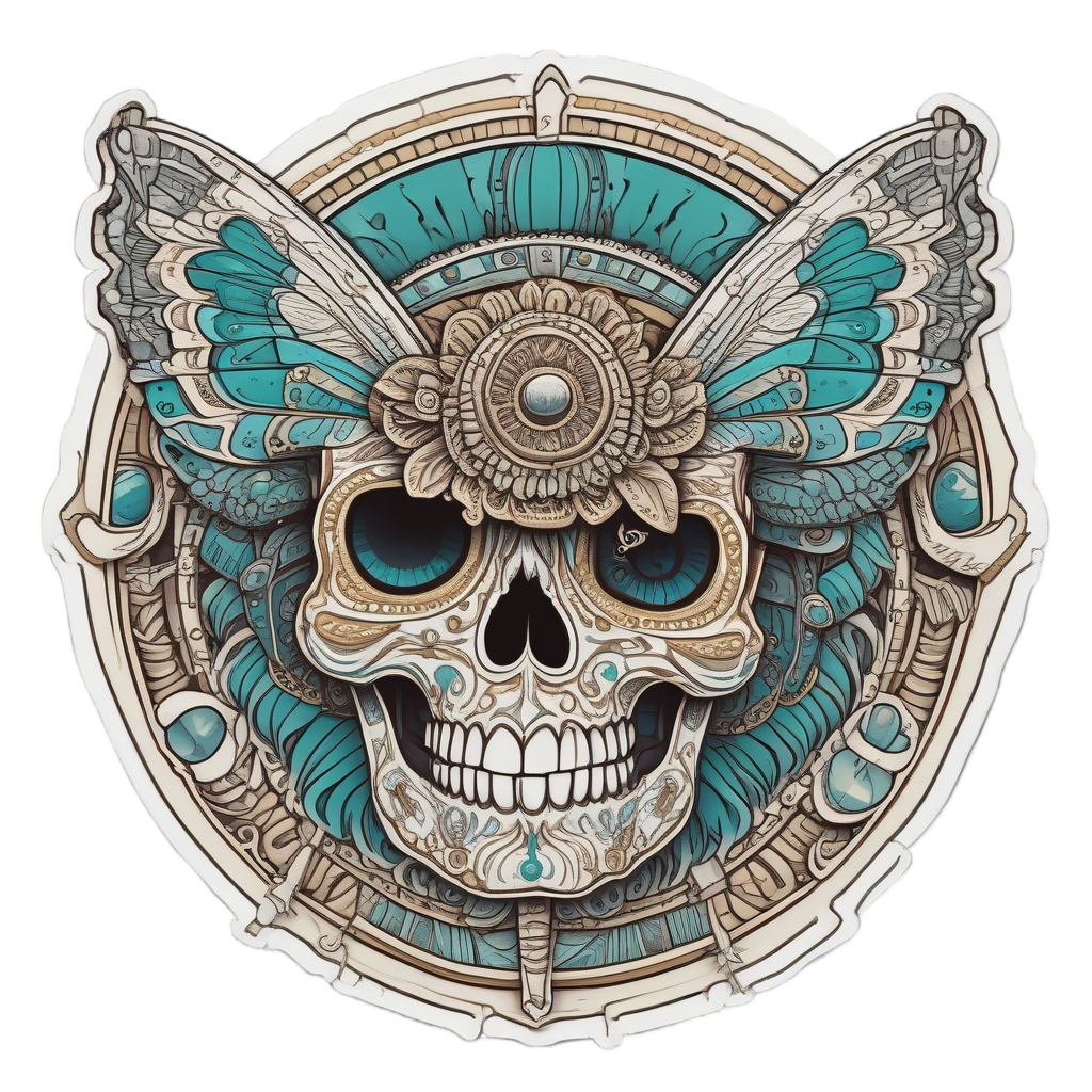 A mystical butterfly calavera sticker with Aztec patterns and gold turquoise lines