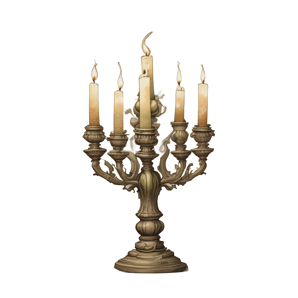 An ancient candelabra with moss and bronze watercolor tones.