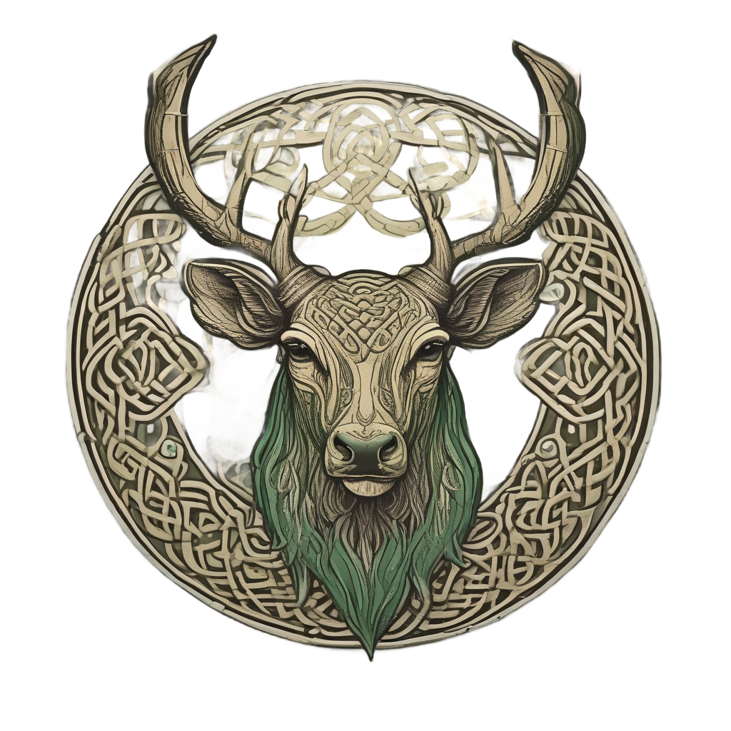 Lineart of a deer head with Celtic knot antlers in green and gold on a white background
