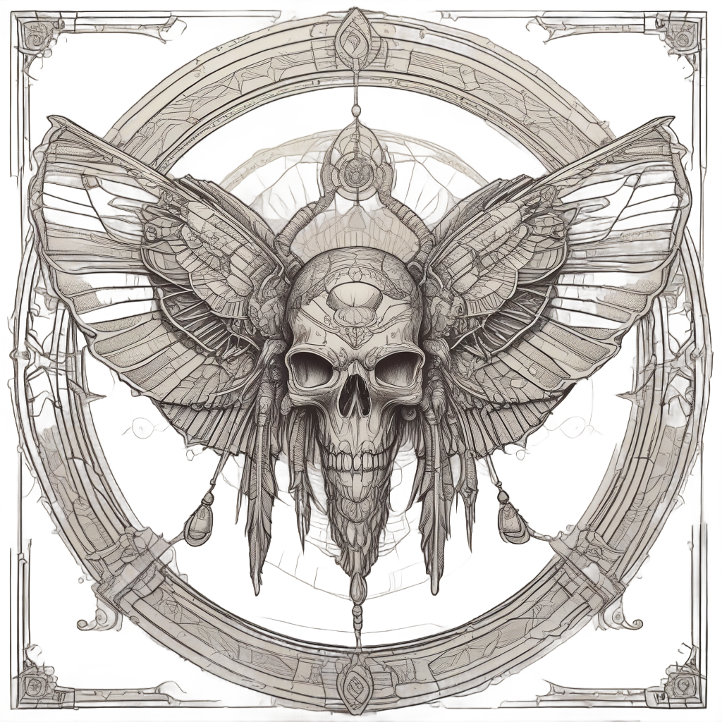 Ancient Egyptian lineart moth skull with ankh and scarab wing designs