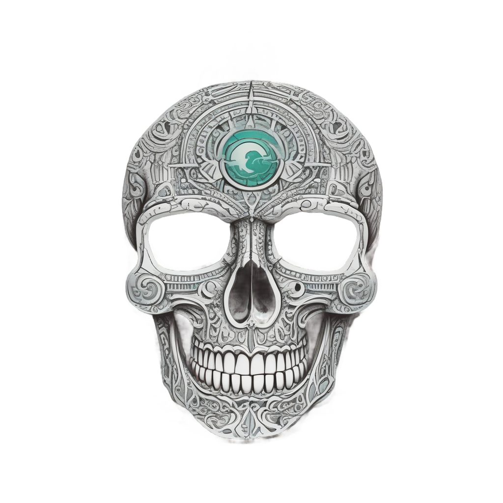 Ancient boho moon arch skull with glowing third eye, black and jade, retro Aztec geometric style