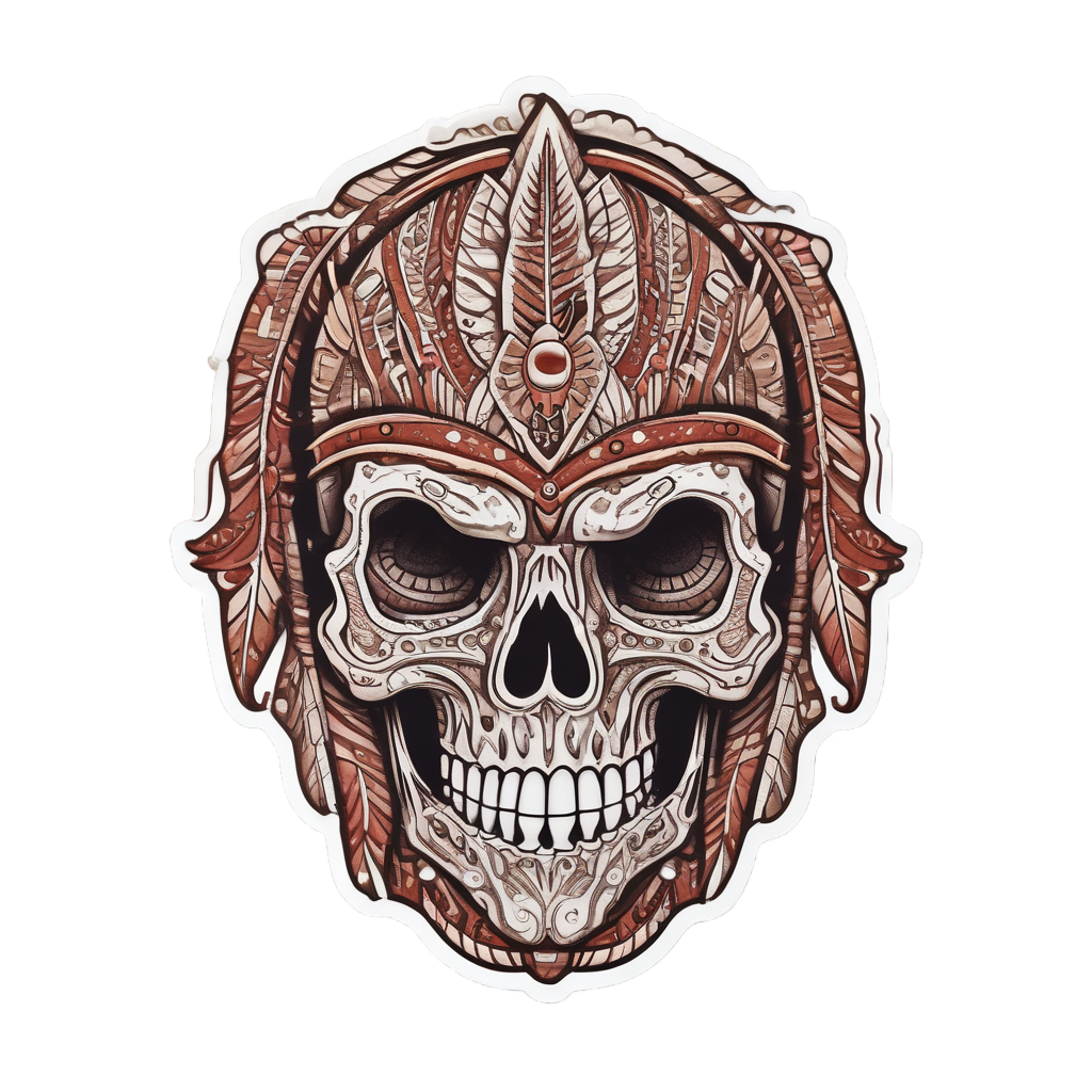 A papercut skull with geometric rust-and-brown feathers on a white background.