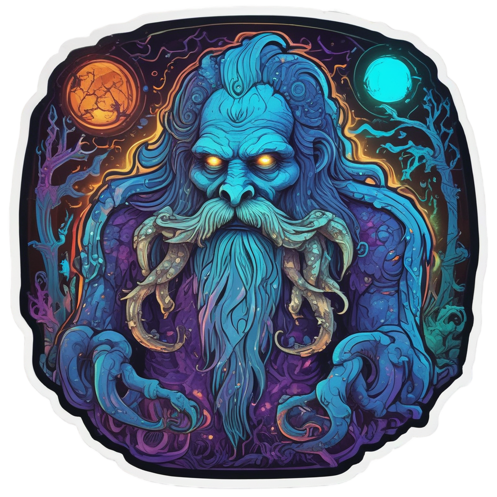 Elderly purple monster with mossy beard casting glowing blue spell
