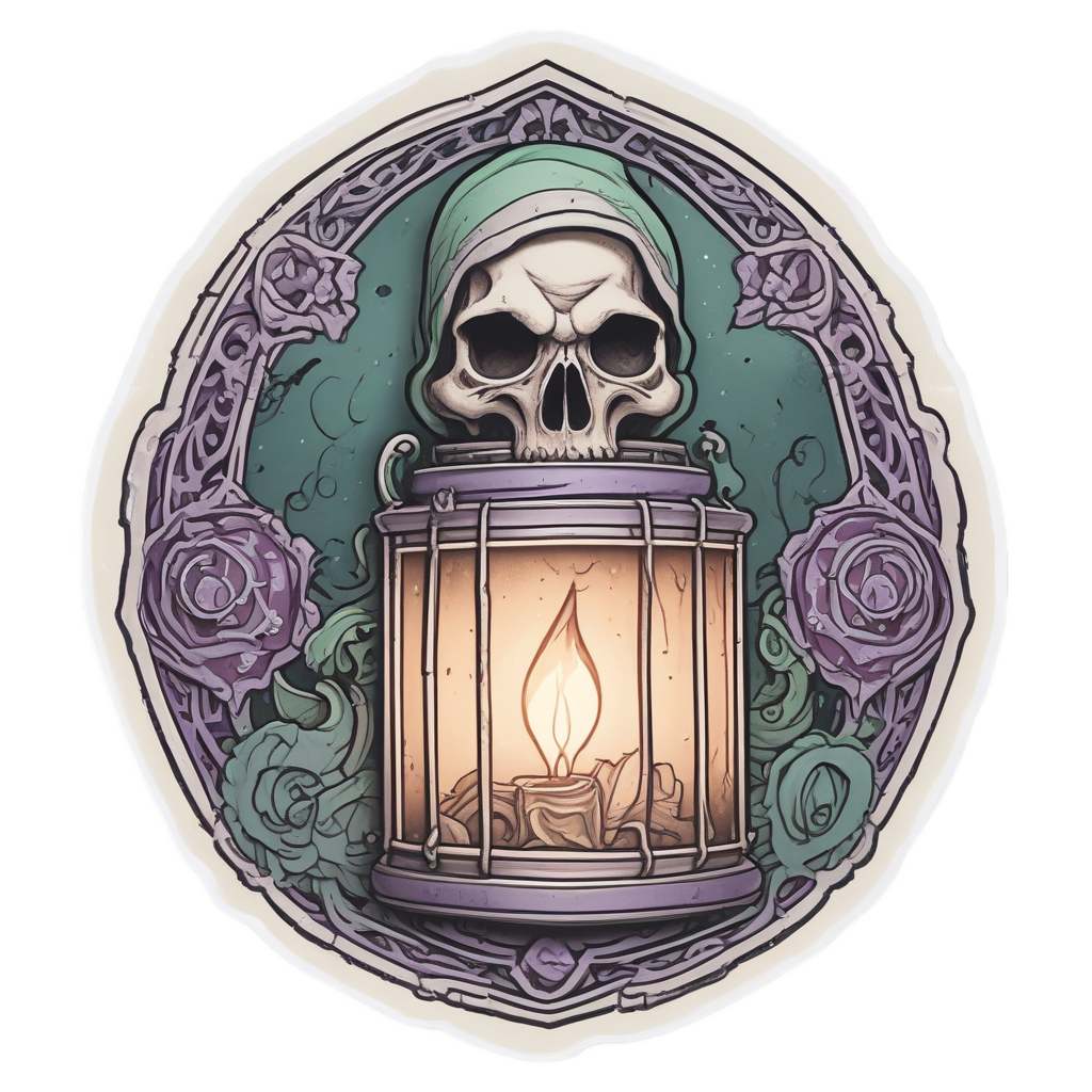 Rune-covered reaper skull with misty lantern and violet tones