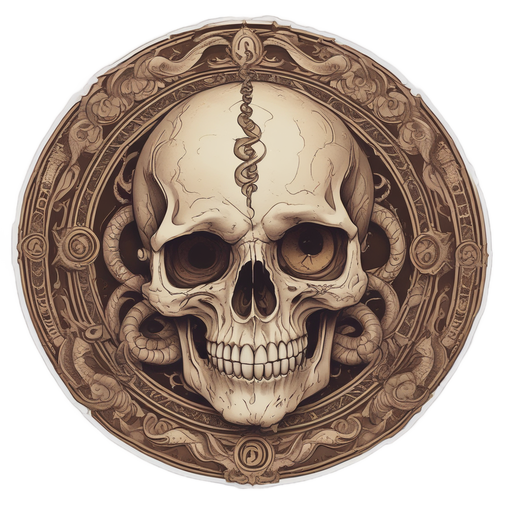 A skull with a third eye encircled by an Ouroboros snake containing a crescent moon.