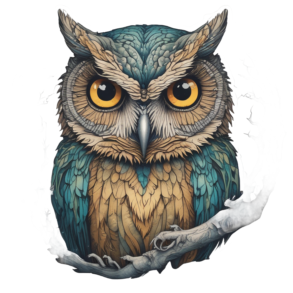 A watercolor owl with tree-branch antler crests in teal and amber