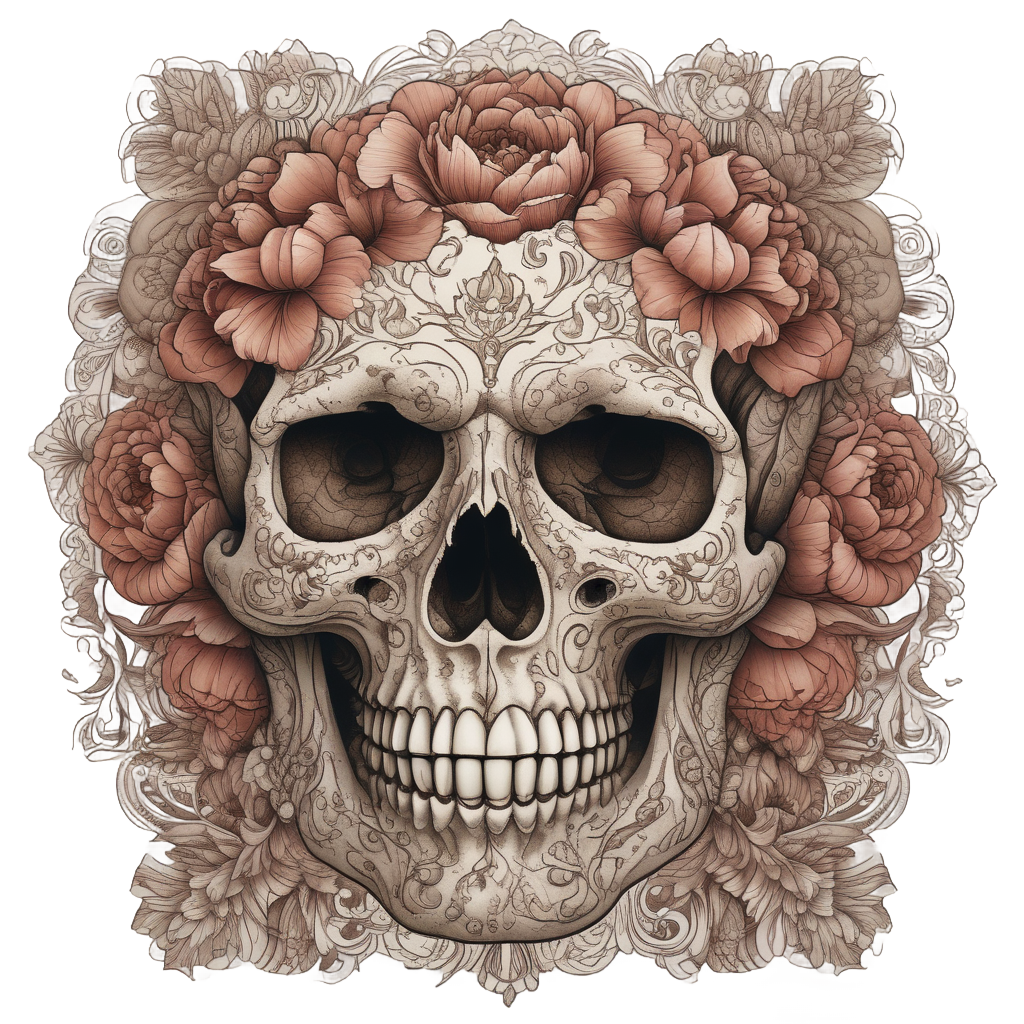 Skull with ancient peony mosaic tattoos