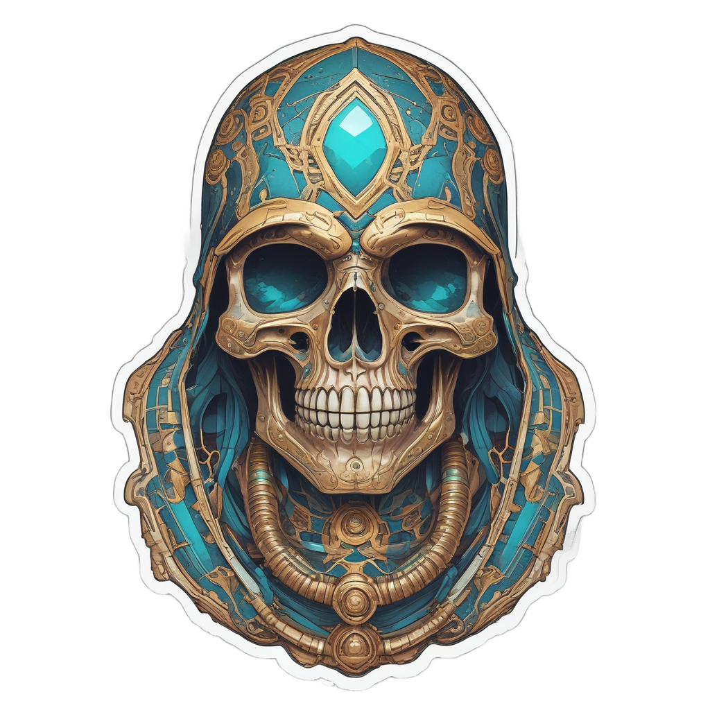 A holographic mummy reaper skull with gold and turquoise wraps.